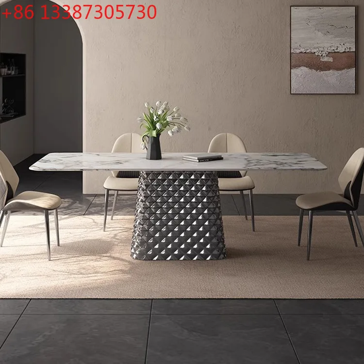 

Легкий роскошный минималистичный обеденный стол из каменной плиты, яркий обеденный стол из нержавеющей стали с ромбовидным узором