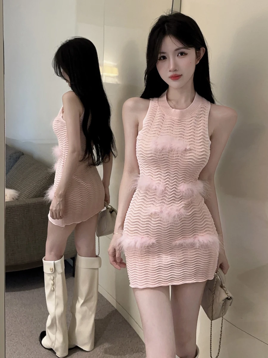 

Sexy Sweet Pure Desire round Ne Svel Knitted Dr Bodycon Skirt Faux Fur Patchwork Women's Faion Dr