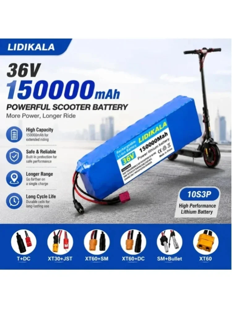 36V 150000mAh Lithium-Ionen-Akkupack, 10S3P wiederaufladbarer Akku für E-Bikes mit BMS-Schutz, verschiedene Anschlussmöglichkeiten für E-Scooter und E-Bikes