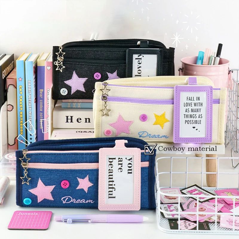 Imagem -02 - Lápis Retro Denim com Foto Removível Bolsa Star Decor Cute Girl Papelaria Armazenamento Grande Capacidade Pen Pouch Case