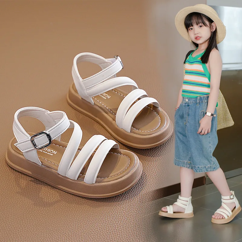 Girls’ Chic Roman Sandals 2024 Summer New Fashion Children‘s ’Soft Sole Anti Slip Fairy Beach Sandals Wear-resistant