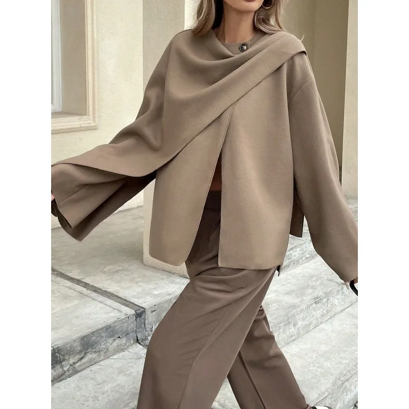 سترات نسائية بنية اللون معاطف خريف وشتاء غير منتظمة فضفاضة تناسب رقبة دائرية ملابس خارجية بأزرار حضرية غير رسمية ملابس نسائية 190985