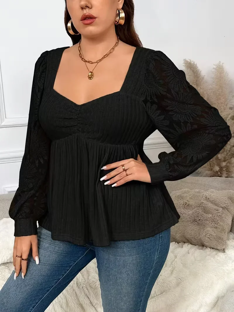 بلوزة نسائية كبيرة الحجم سلسلة أنيقة - كبيرة الحجم لون نقي مرقع شبكة عباد الشمس بأكمام طويلة للنساء