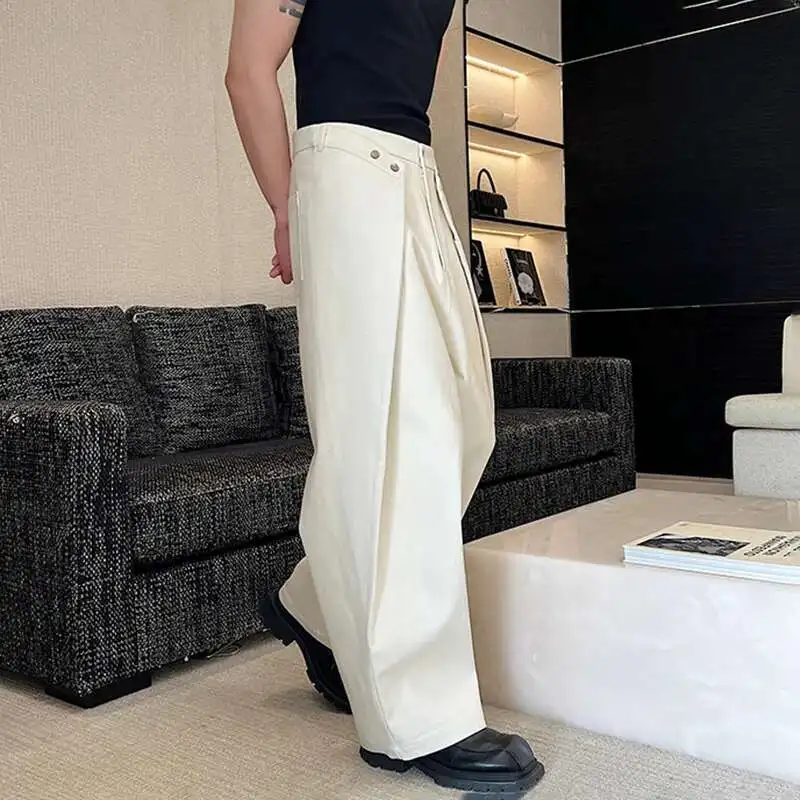 Luzhen moda elegante retalhos ruched calças casuais masculinas 2025 cor sólida na moda em linha reta solta perna larga terno calças lz1611