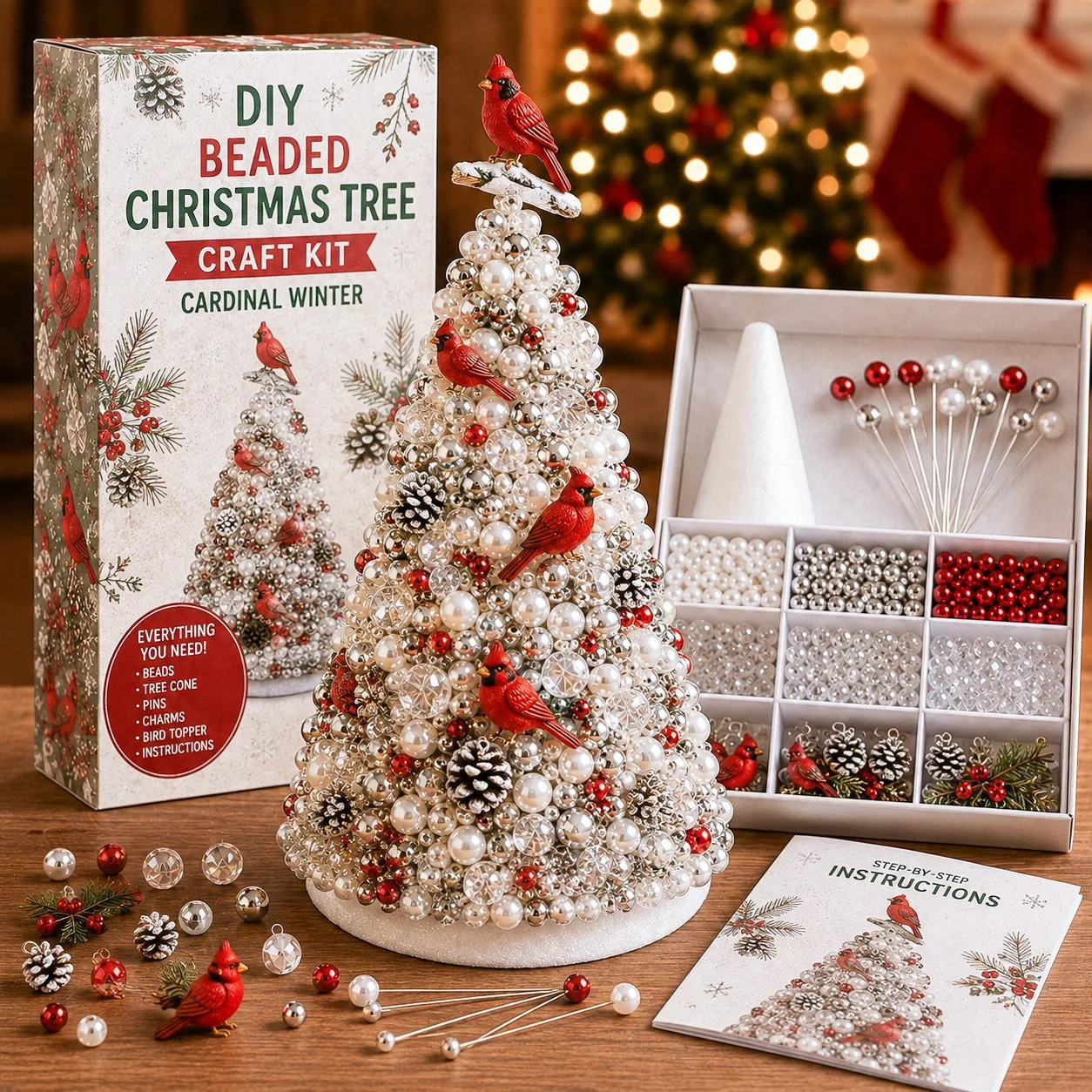 DIY Beaded Christmas Tree Kit Pearl Foam Cone Decor Desktop Ornament Craft Set