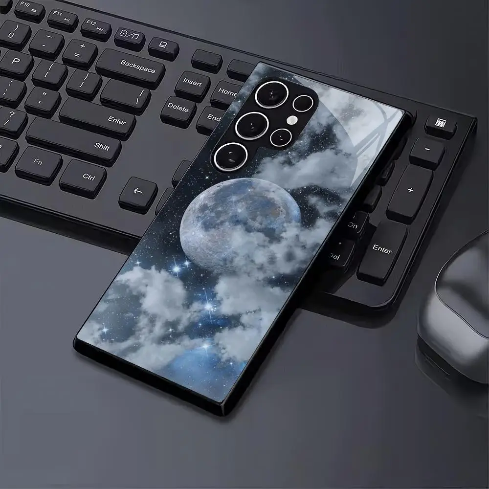 Cloud Sea Moon Starry Sky Glass Phone Case Suitable for Samsung Galaxy S26 S25 S24 S22 S21 S20FE/Ultra/Plus Anti Drop Back Cover