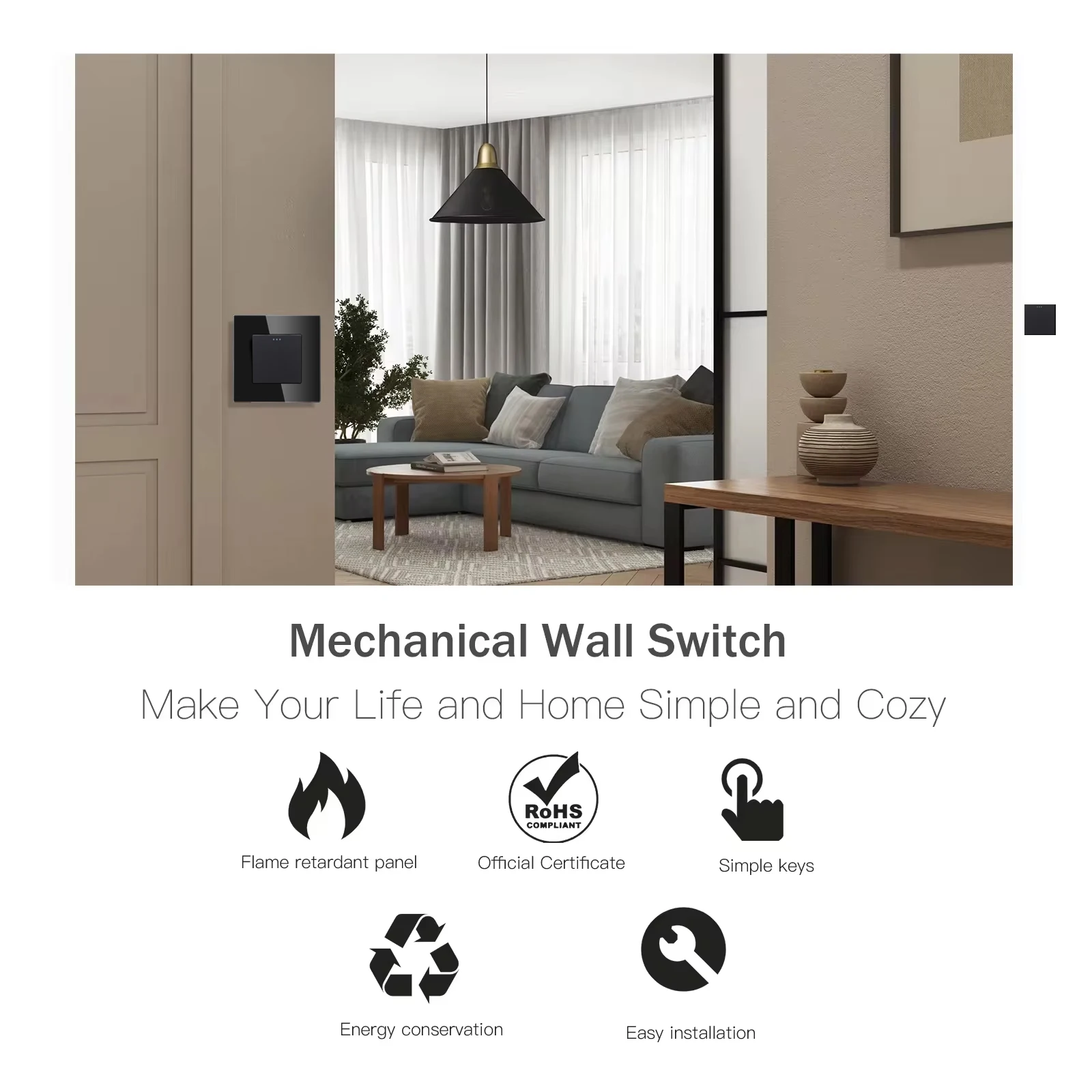 BSEED 1/2/3Gang Mechanical Light Switches 2way For Stairs Corridors with EU Power Sockets USB Type-c Ports Glass Panel Black