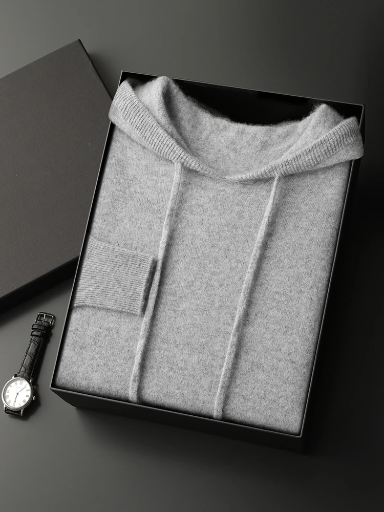 New Men's 100% Pure Wool Pullover Hooded Sweater Autumn Winter O-neck Soild Casual Loose Knit Basic Long Sleeve Tops High Qualit