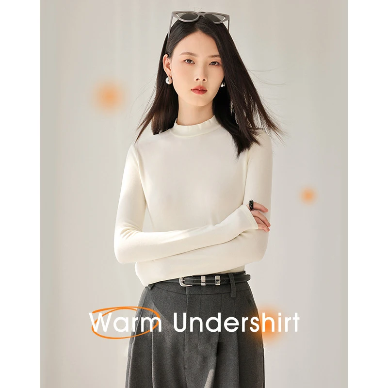 Double-Sided Brushed Thick T-shirt Winter Wool Self Heating Turtleneck Pile Collar Long Sleeve Warm Undershirt
