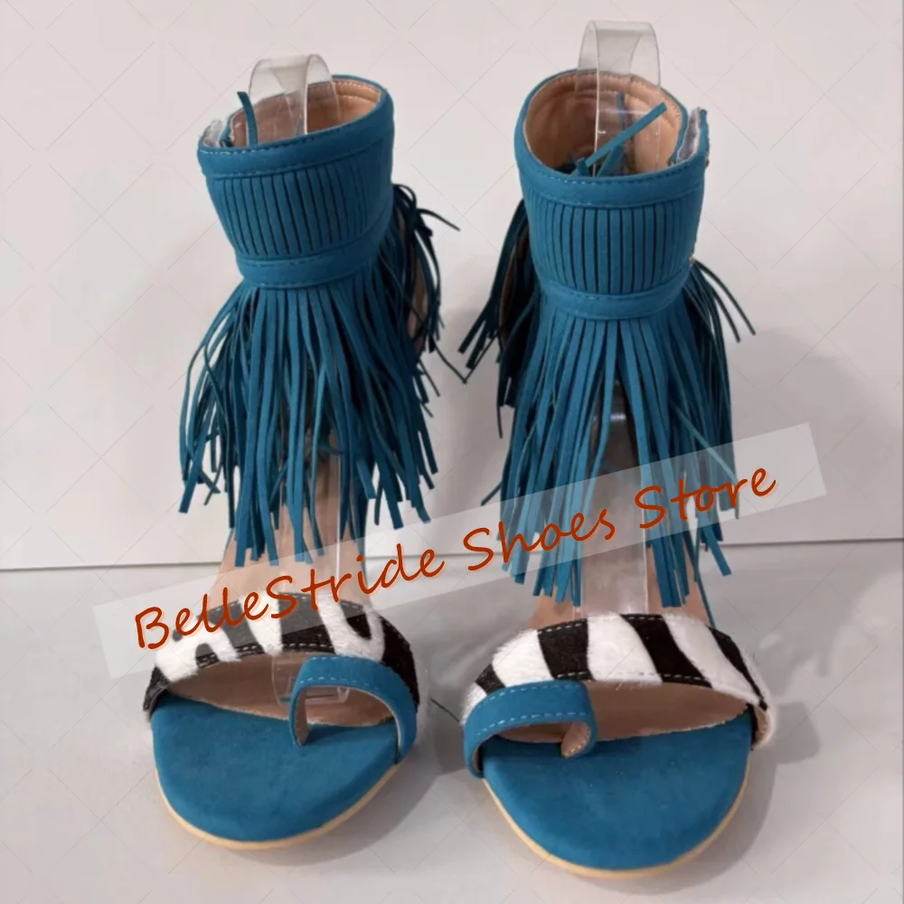 

Blue Tassels Decor Toe Clip Sandals Round Toe Women Shoes Stilettos High Heels Party Banquet Dating 2025 Zapatos Para Mujere