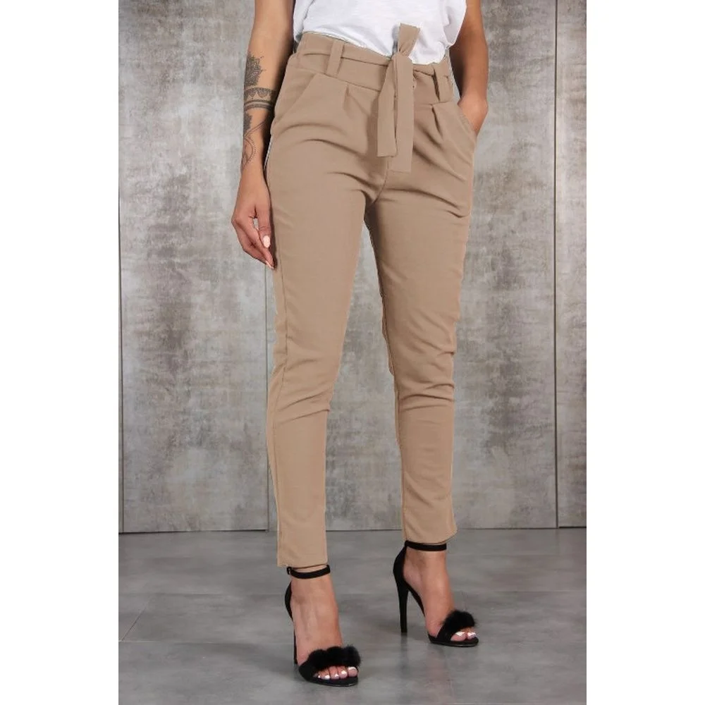 Women Simply Solid Green Color Pockets Casual Straight Pants Female Chic Elastic Waist Lace Up Summer Long Trousers Free Belt