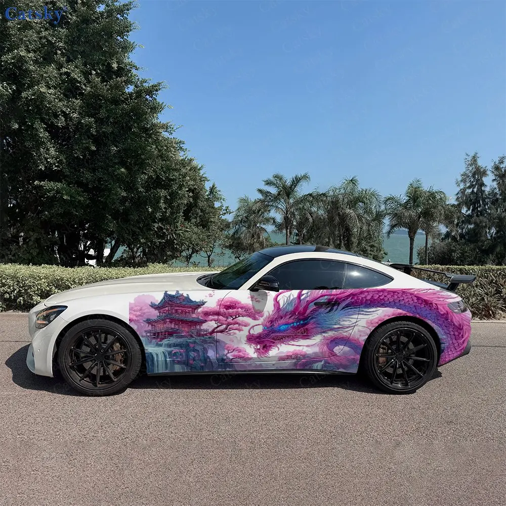 

Самоклеящиеся водонепроницаемые и устойчивые к царапинам наклейки из ПВХ с изображением дракона и цветов сакуры для оклейки боковин автомобиля, аксессуар для автомобиля, подарок