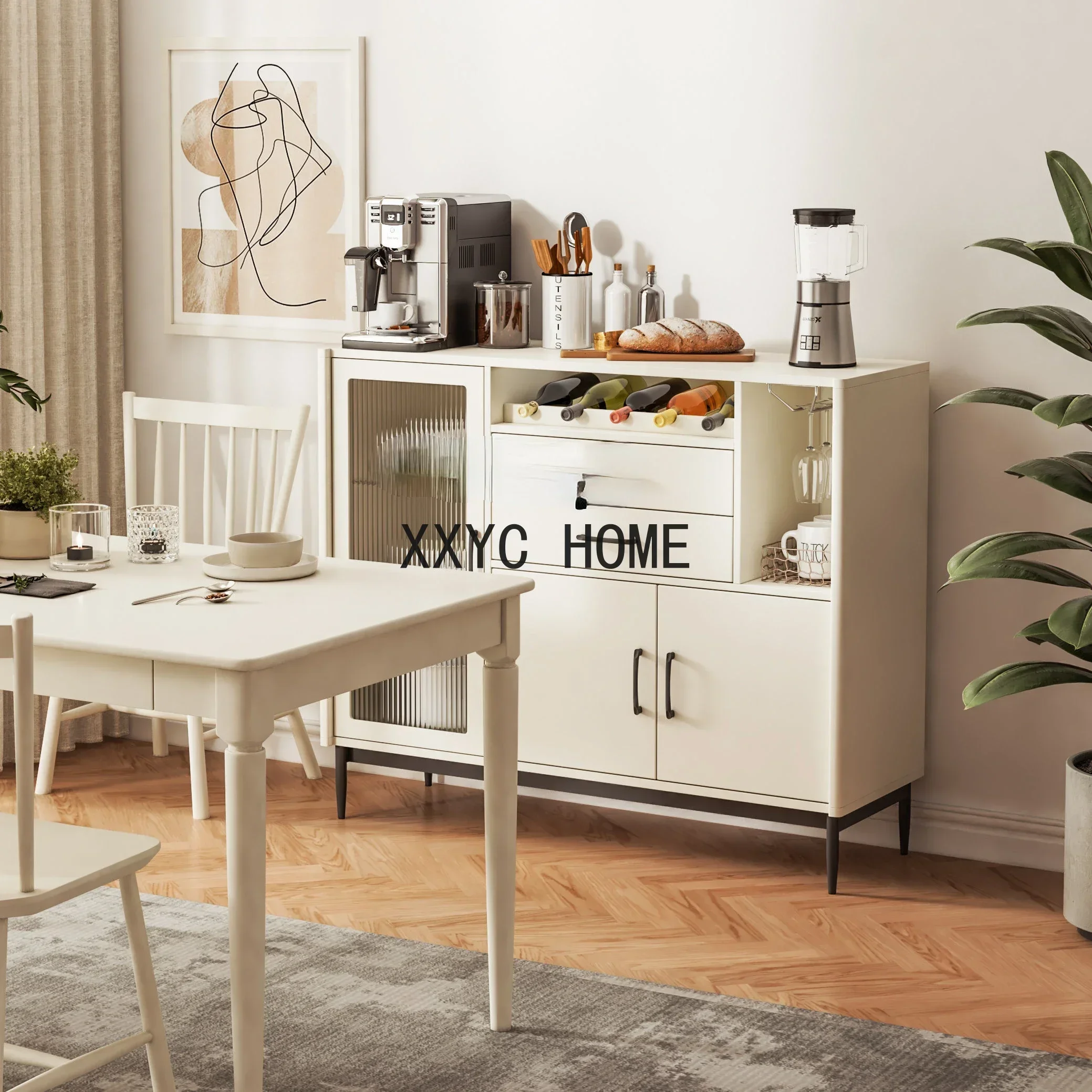 Nordic Sideboard Cabinet Solid Wood Paint Modern Minimalist Wall-Mounted Wine Cabinet High Leg Locker