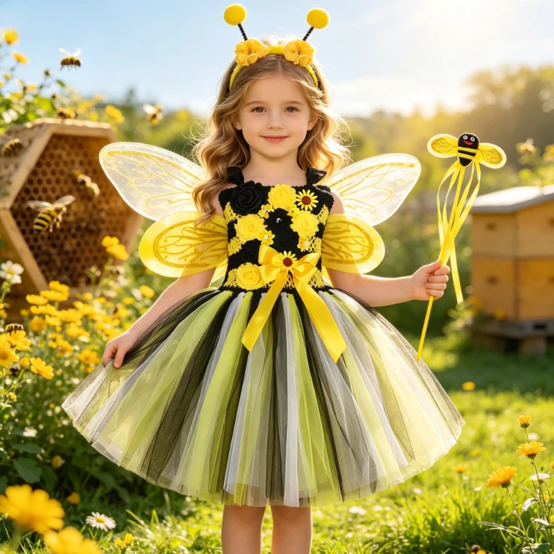 Yellow Black Bee Cosplay Dress Sleeveless Floral Bodice Colorful Tulle Skirt, Wings Headband Wand for Halloween Theme Party Wear