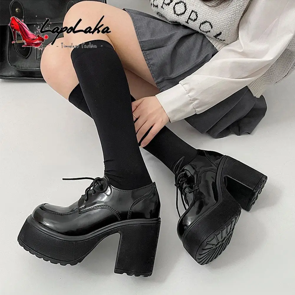 

LapoLaka 2022 New Brand Chunky High Heel Mary Janes Pumps Round Toe Buckle Strap High Platform Black Patent Sock Women Shoes