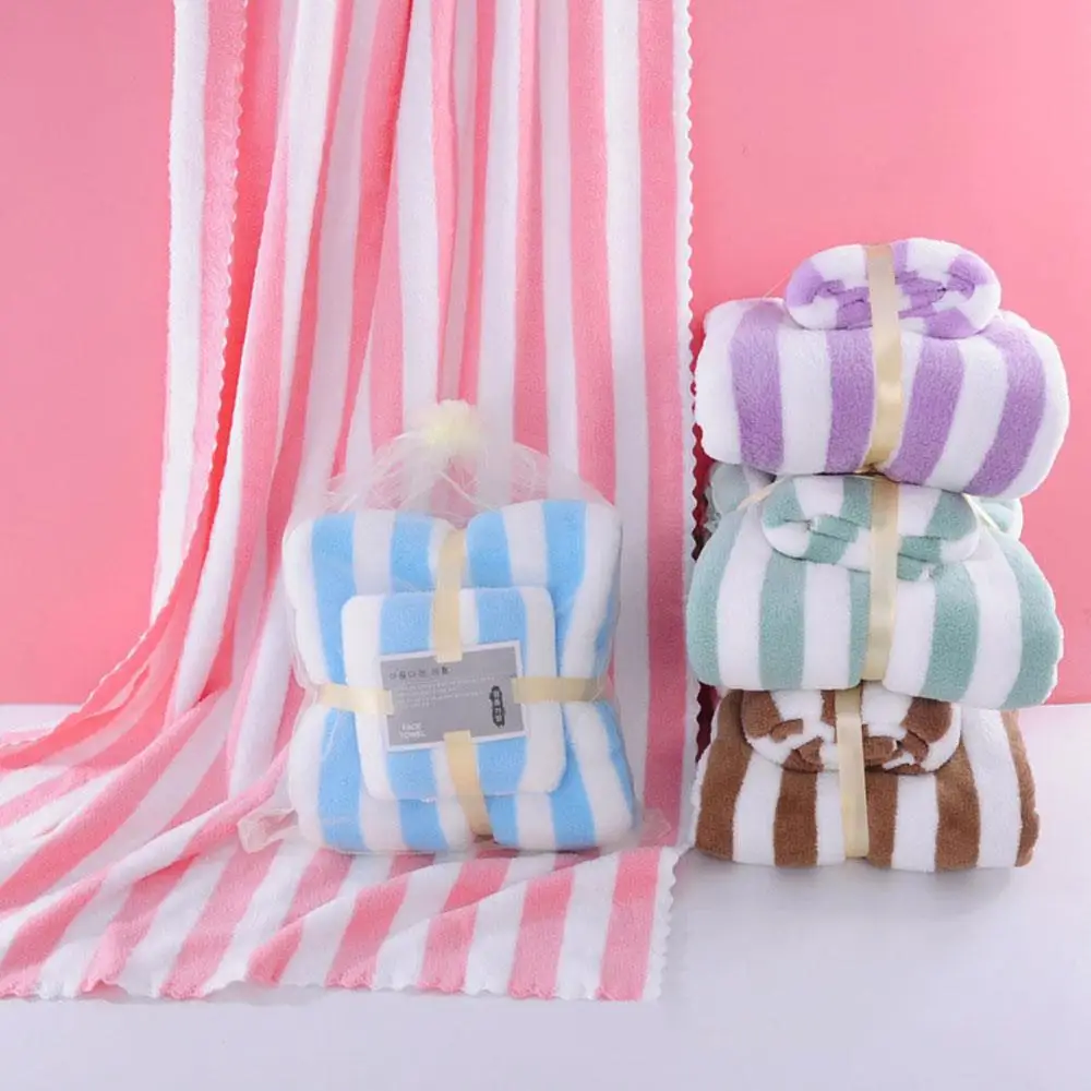 

2Pcs Bath Towels Set Quick-Dry Fluffy Towels Coral Velvet Absorbent Bath Towel Wide Stripes Bathroom Accessories Facecloth