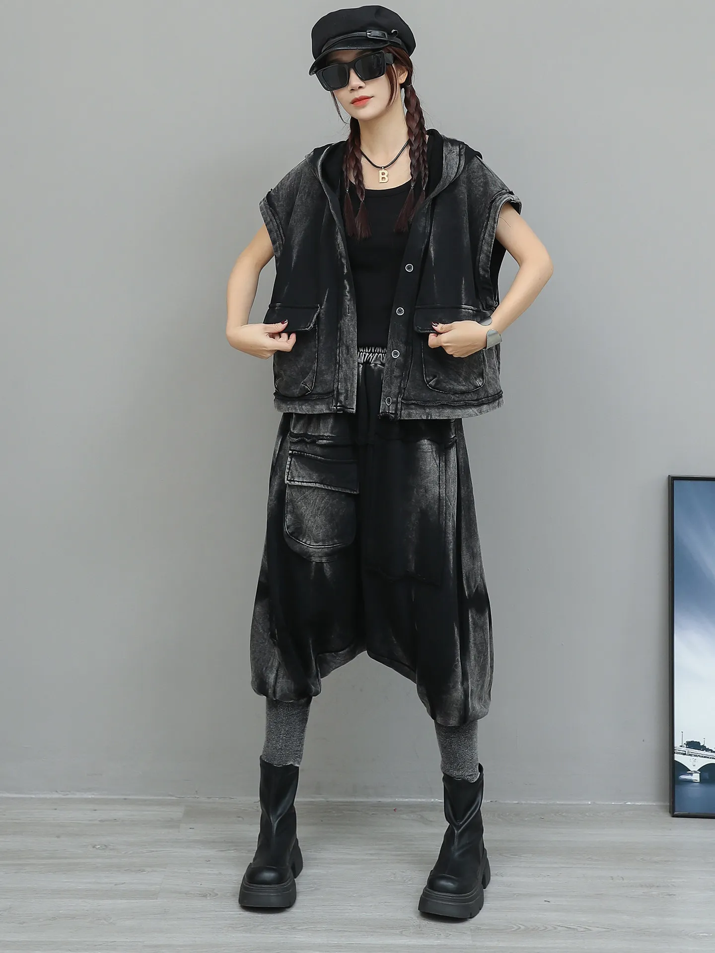 Personalized Trendy Distressed Hooded Sweatshirt Cardigan Vest Cross-pants Two-piece Set 2026 Women's Spring Loose Fashion Suit
