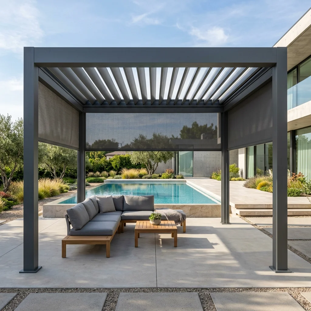 Minimalist Style Outdoor Frosted Aluminum Alloy Pavilion Rainproof Backyard Leisure Pergola Adjustable Blinds Party Gazebo