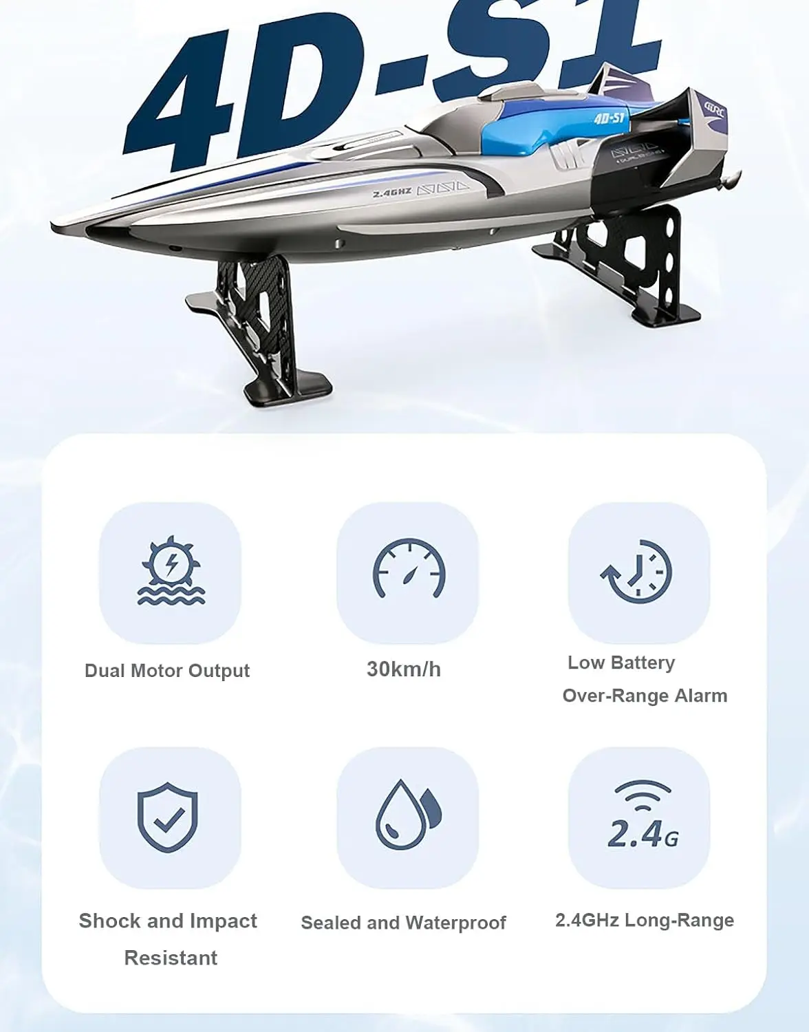 High-Speed 2.4G RC Racing Boat with Dual Propeller and Dual Motor, 30KMH Strong Power, Rechargeable, 30-Minute Playtime, Anti-Collision, Fully Sealed Waterproof, Colorful Shell, Great Gift (2 Batteries Included)