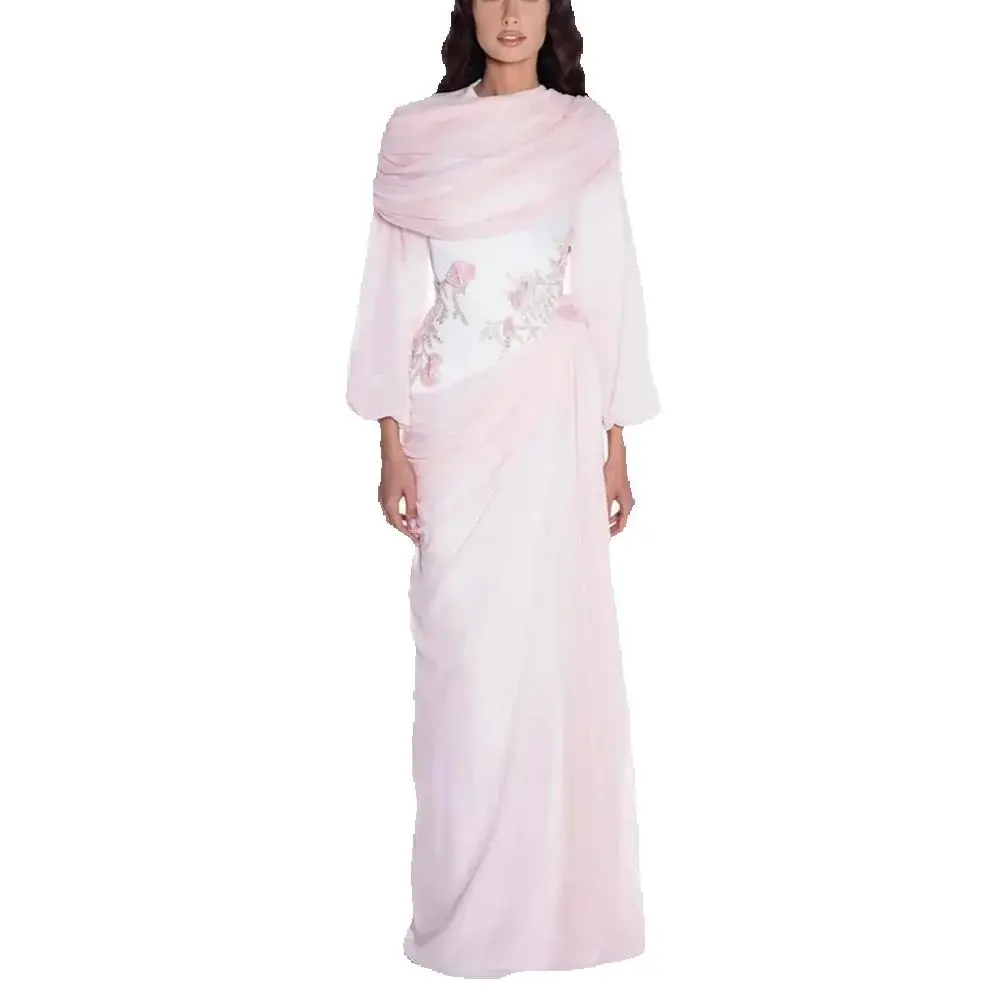 Elegant Pink Chiffon Evening Dress Long Sleeve Draped Neck Embroidered Formal Gown for Wedding Guest