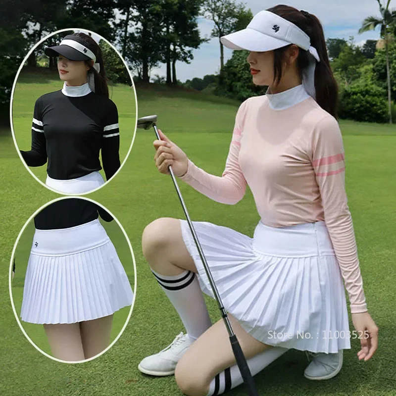 SG Golf odzież damska jesień z długimi rękawami stójka T-shirt w paski wąskie elastyczne topy Lady plisowana spódnica golfowa spodenki z podszewką A