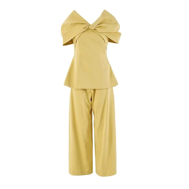 HUISONG – ensemble deux pièces pour femmes, Design de Niche élégant, haut torsadé à col en v, pantalon à jambes larges, haut court, printemps été 7fg895