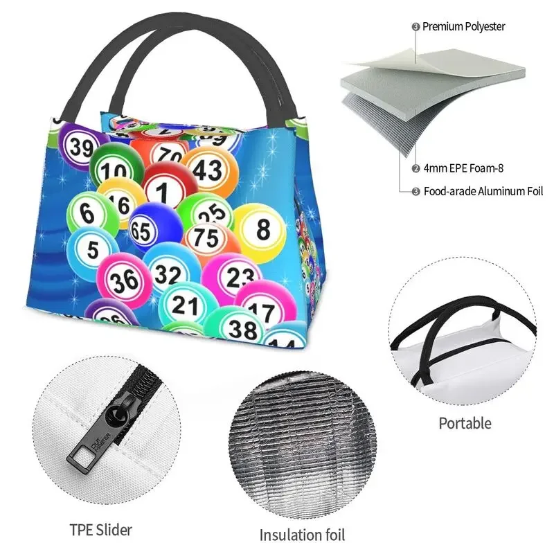 Bingo Balls Insulated Lunch Bag for Women Portable Paper Game Thermal Cooler Lunch Tote Office Picnic Travel lunchbag