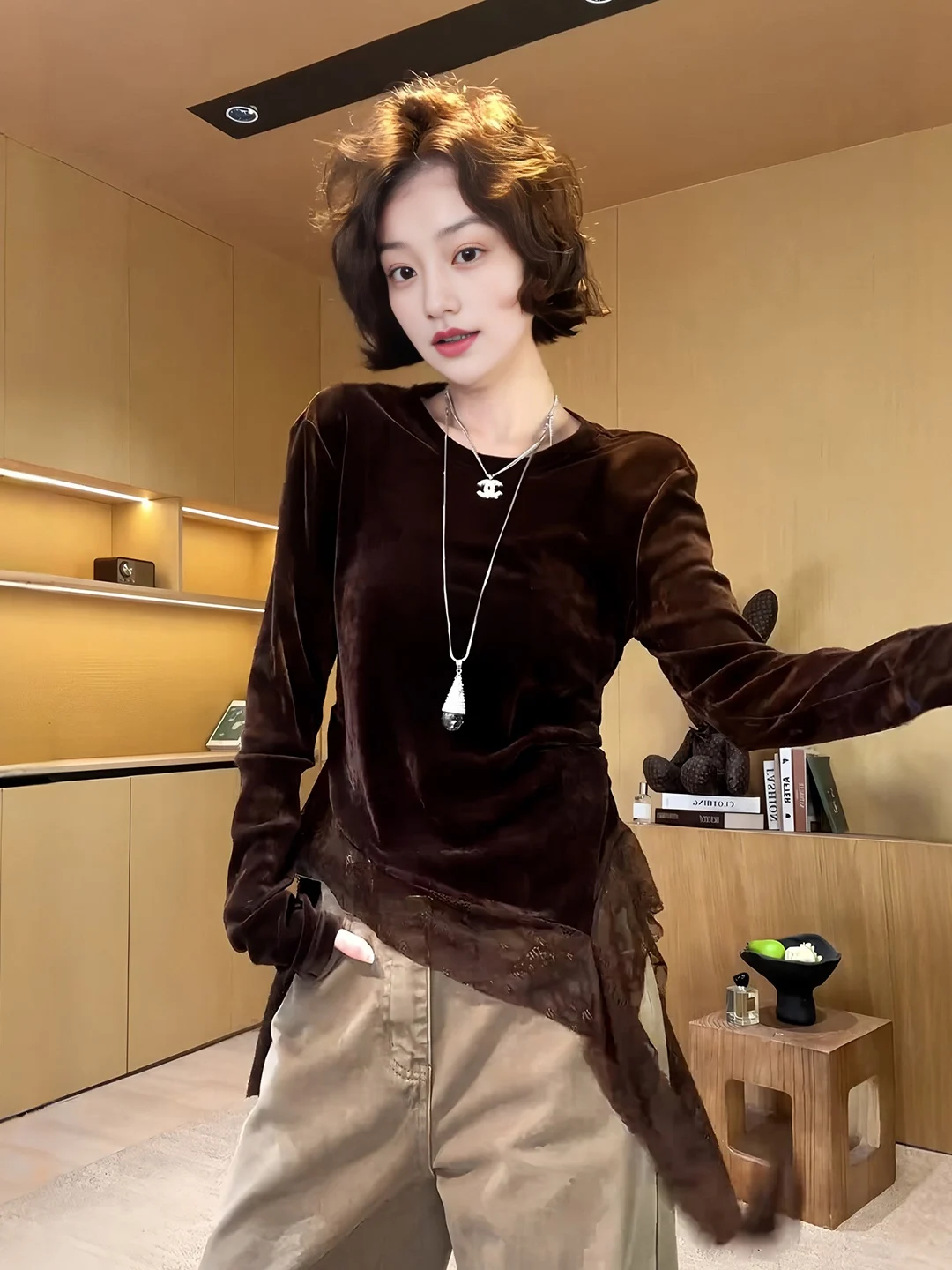 plus Size Lace Splice Asymmetrical Brown Long Sleeve T-Shirt Women's Autumn New Style Base Layer Fashionable Top