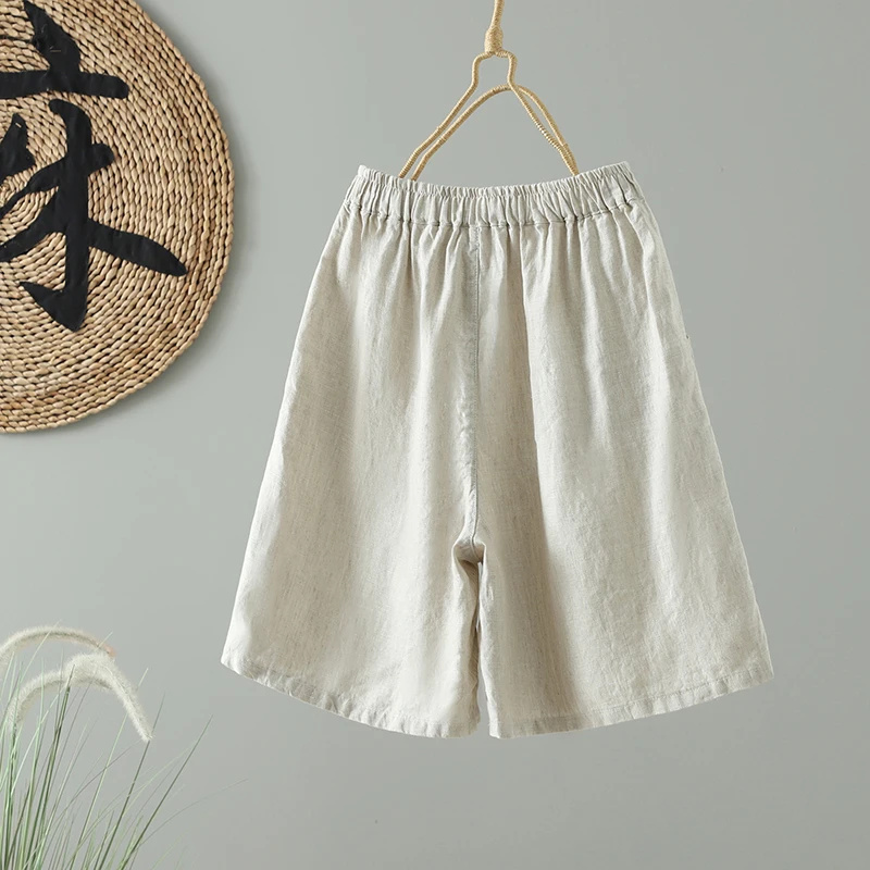 Décontracté lin femmes orts été nouveau taille élastique ample jambe droite pantalon mince modèle quatrième taille élastique taille haute