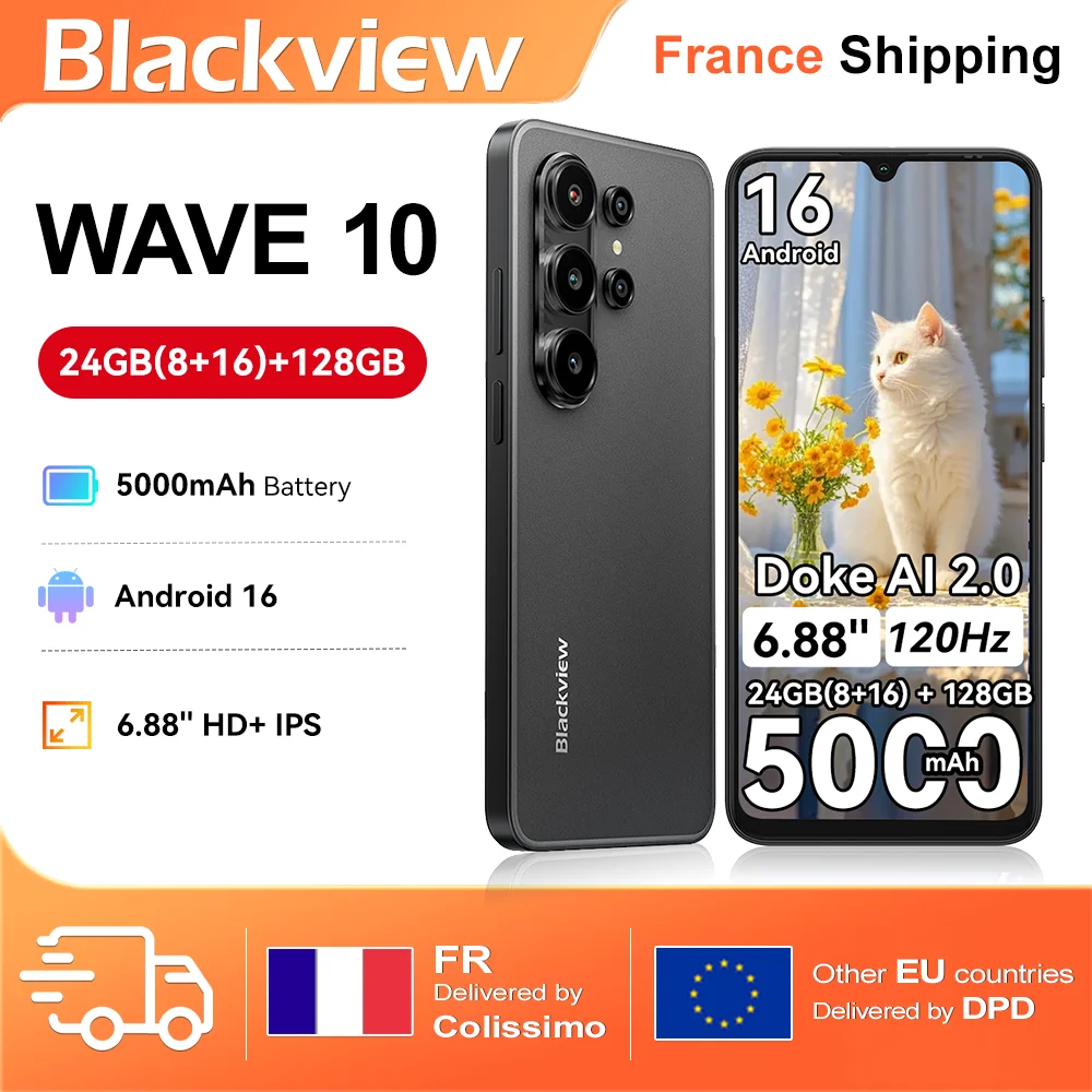 BLACKVIEW Smartphone WAVE 10 24GB(8+16)+128GB 120Hz Android 16 32MP+13MP 5000mAh 6.88'' HD+ IPS Dual SIM 1080P FHD Doke AI 2.0