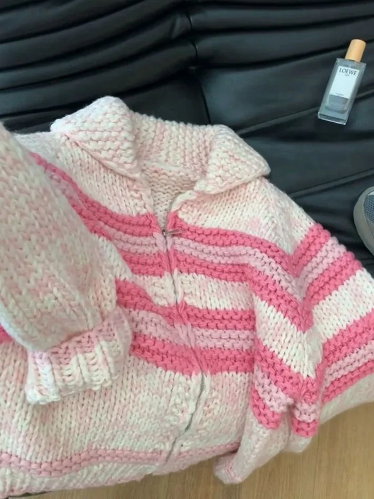 Paresseux vent femmes doux mignon Cardigan chandails Vintage rayé à manches longues lâche tricoté veste automne hiver doux chaud femmes hauts