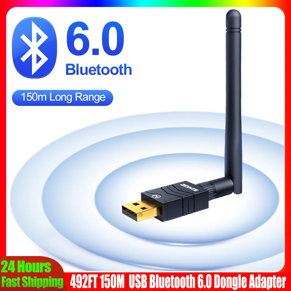 

USB Bluetooth 6.0 адаптер-донгл с дальностью действия 150 м (492 фута) для ПК, ноутбуков, беспроводных колонок, аудиоприемников и передатчиков
