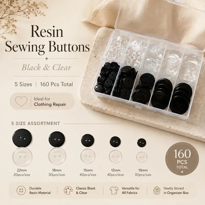 160 Stück 10~25 mm schwarze/transparente Knöpfe, 2-Loch-Nähknöpfe aus Kunstharz, für DIY-Kleidung und Hemden, Bekleidungszubehör – Detail 1
