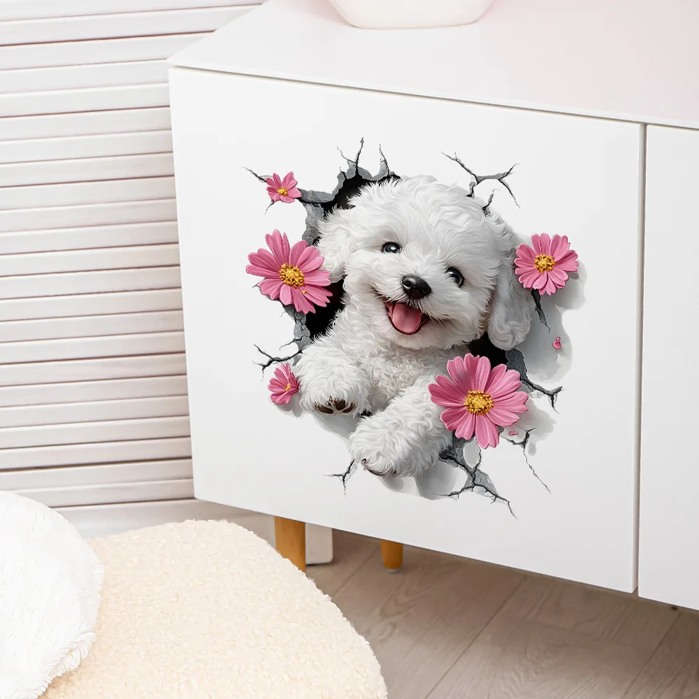 Lovely Dog & Floral Pattern Wall Decals Self-Adhesive Sticker for Living Room Bedroom Entryway Decor