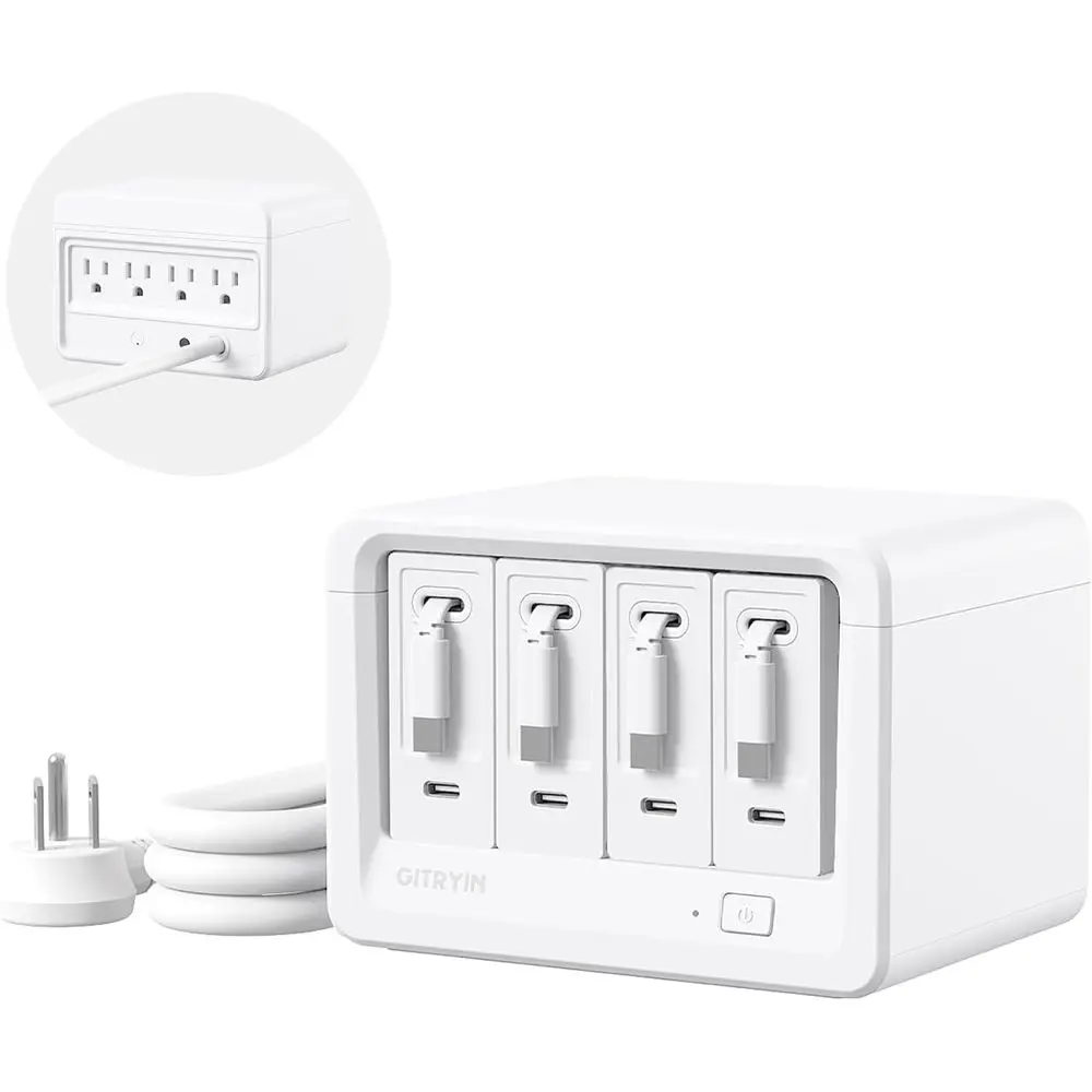 

Универсальная 12-портовая зарядная станция с блоком питания USB-C мощностью 40 Вт, 4 розетками переменного тока, 4 портами USB-C, 4 выдвижными кабелями и 1020J Sur