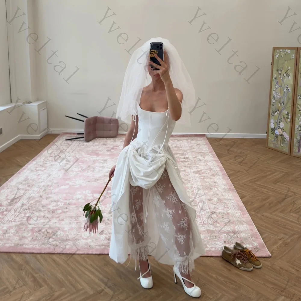 Customized Unique Graceful Temperament Strapless Satin Wedding Dresses Asymmetrical Lace Minimalist Charming Bridal Gown