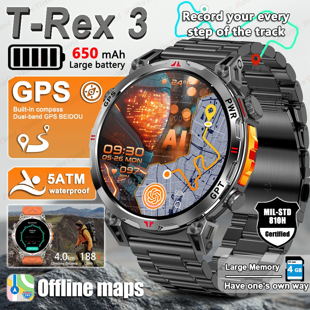 

2025 neT-Rex3Pro Dual-Band GPS Military Smart Watch 5ATM Waterproof 650mAh Battery Compass Altimeter AGPS Sports Fitness Tracker