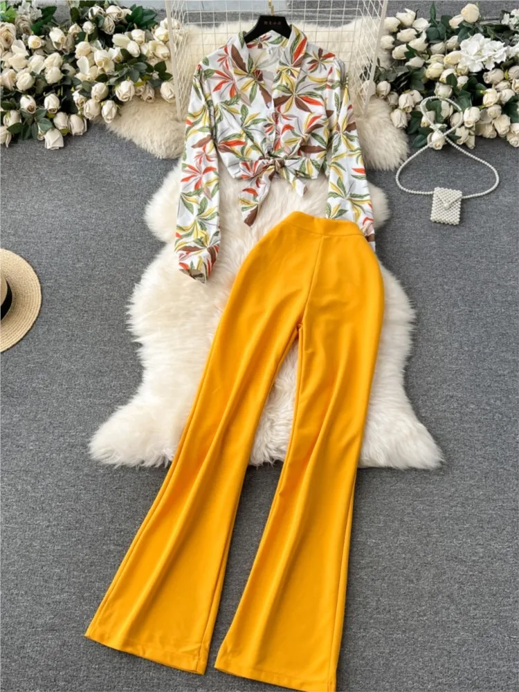 Elegant Women Casual Print Pantsuits Vintage Shirts Tops High Waist Wide Leg Pants Two Pieces Set Female Party Outfits Clothes