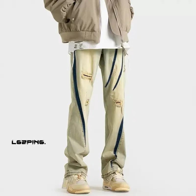 

Autumn Winter Large Size 300 Pou Color Blo Yellow Mud Hole Denim Jeans Men Straight Tube Cool Street Vibe Trendy Long Pants