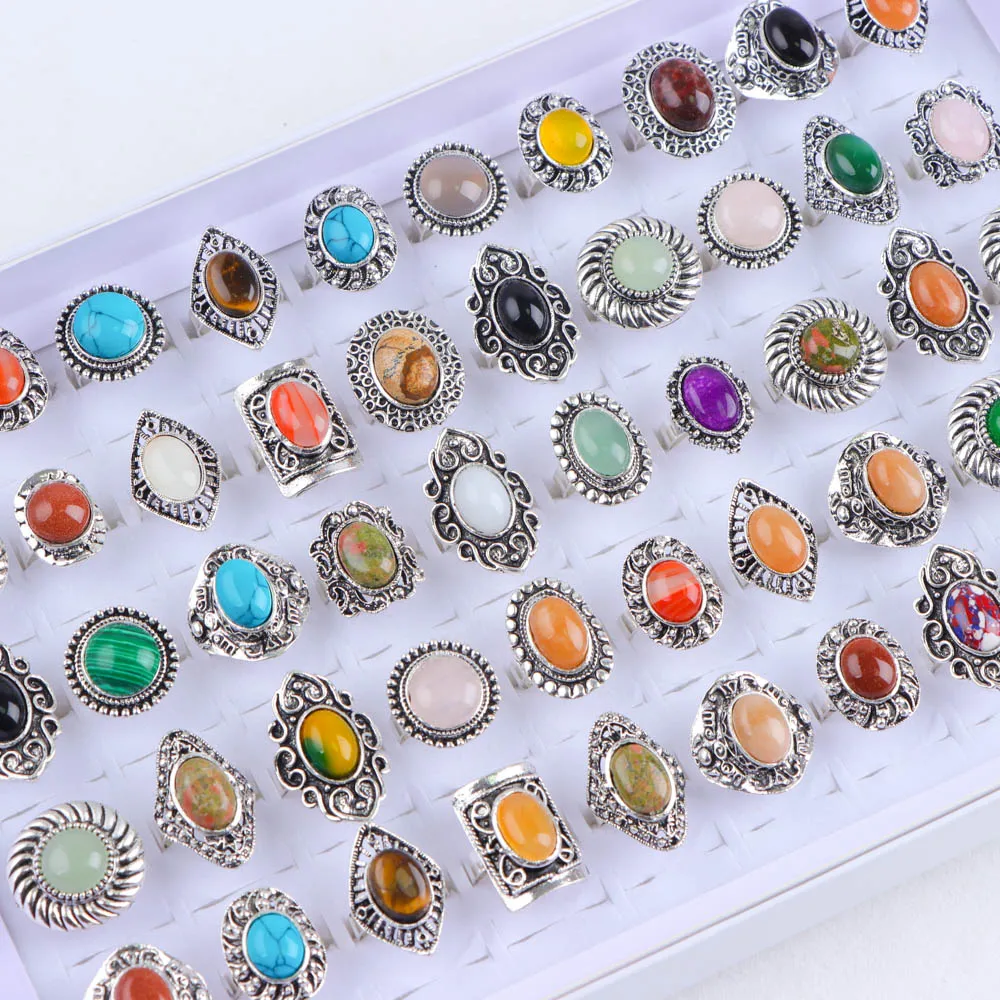 10/20/30/50Pcs/Lot Vintage Natural Stone Adjustable Rings For High-end Women Mix Style Fashion Party Jewelry Accessory Gifts