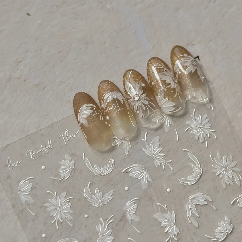 1sheet White Magnolia Flower Nail Stickers Self-Adhesive Elegant Five-petal Flower Wedding Nail Decals Floral Manicure Sliders