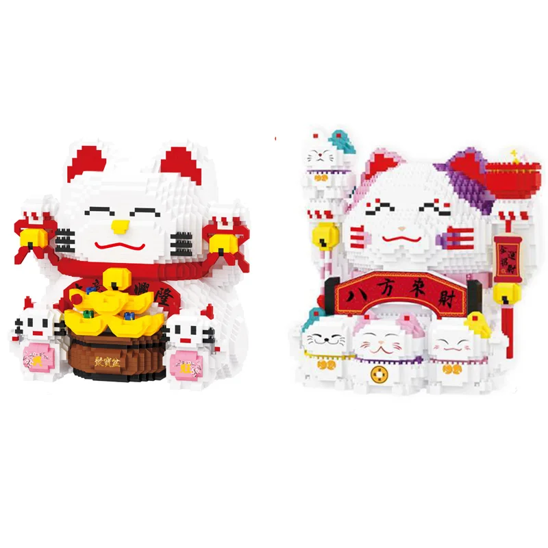 Maneki Neko Micro Blocos de Construção, Lucky Cat Montado, Mealheiro, Boas-vindas Fortune, Mini Tijolo Figura, Brinquedo para Presente de Ano Novo