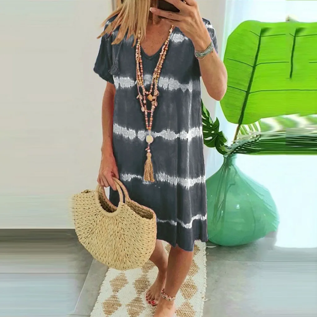 Womens Casual Striped Tie-Dye Mountain Dress Halter Dress Summer Casual Midi Dress Tee Shirt Dress Maxi Dresses for Women Summer