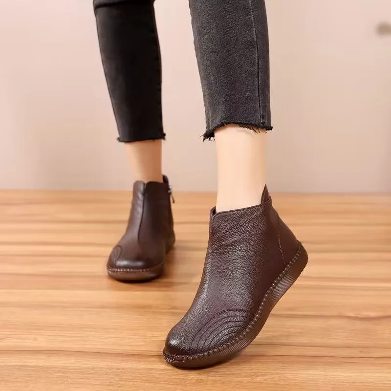 2024 Rotro Chimney Booties Woman Winter Plush Natural Soft Flats Genuine Leather Boots Spring Autumn Ankle Warm Shoes