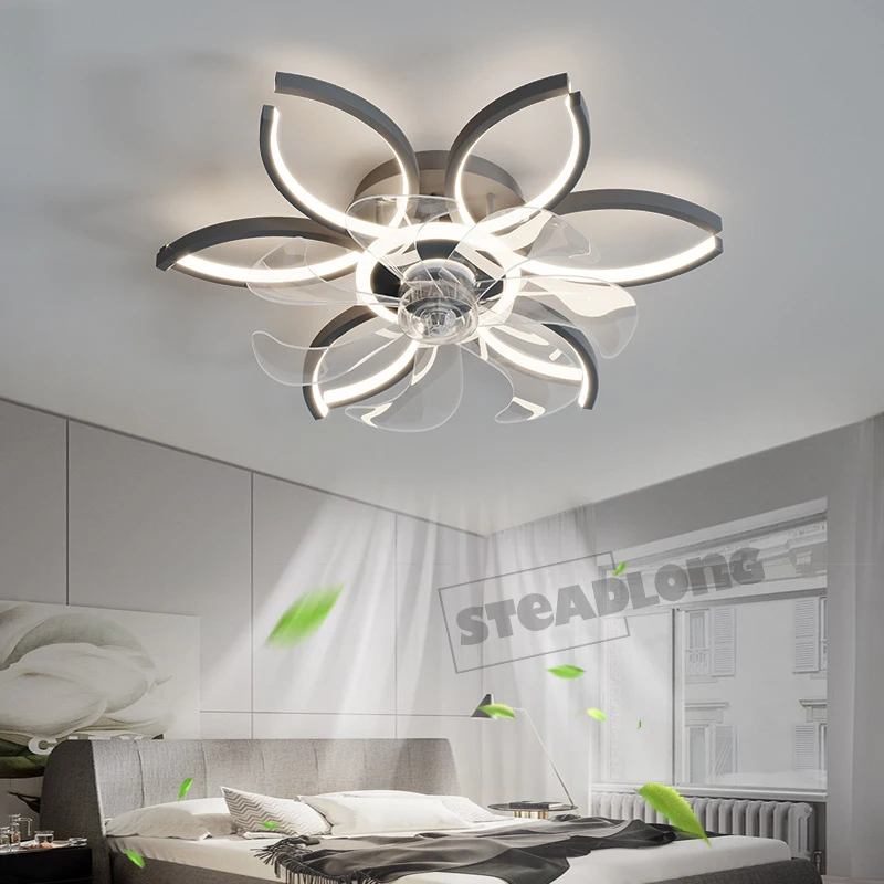 Modern LED Ceiling Fan Lamp With Remote Control Adjustable Speed Dimmable Flower Shape Ceiling Light For Living Room Bedroom