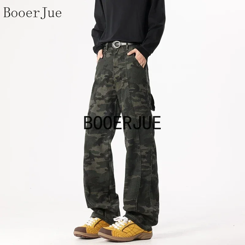 Camouflage Pattern Angle Cut Men Jeans American Loose Straight Flared Retro Washed Workwear Pants Outdoor Hiking Climbing Sports
