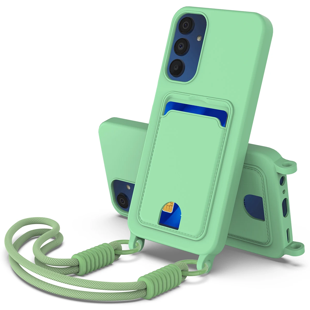 

For Samsung Galaxy M14 4G / Galaxy A05s 4G Liquid Silicone Case Phone Back Cover with Card Holder and Short Strap - Green