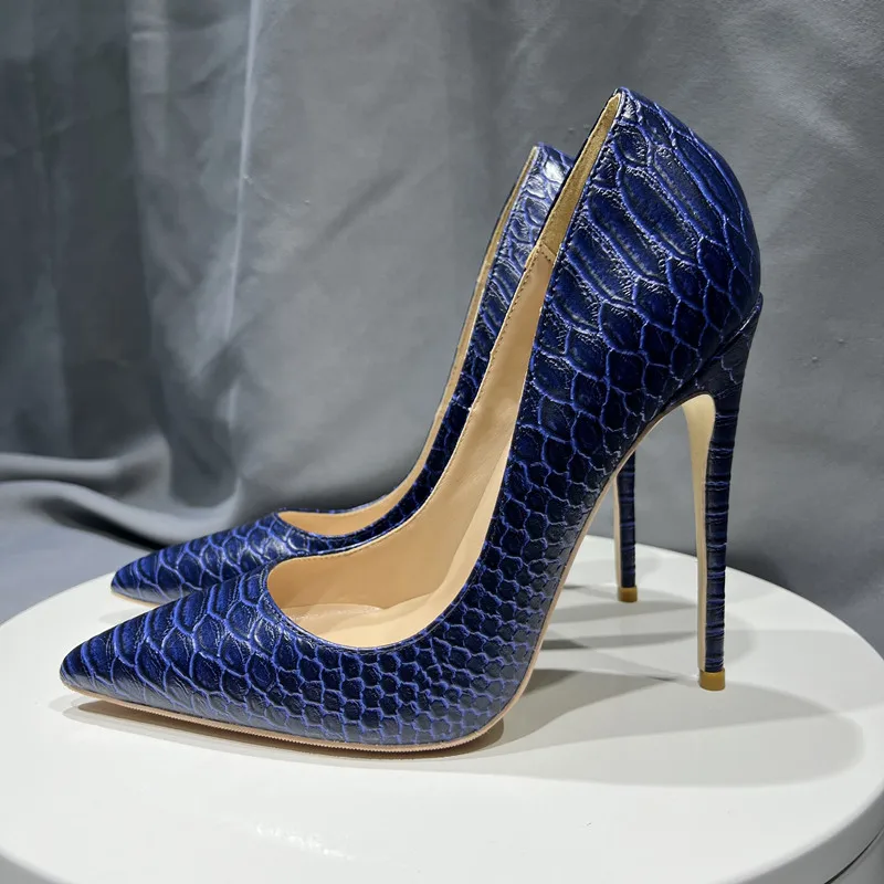 فستان أنيق مضخات مع 12 سنتيمتر كعب عالي نحيف البحرية تمساح تأثير المرأة أشار تو خنجر مضخات مريحة أحذية الحفلات المسائية