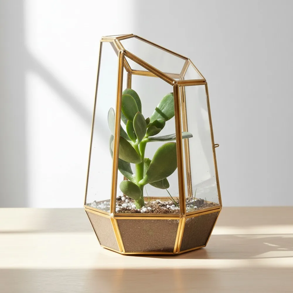 

Golden Geometric Glass Terrarium with Door - 9.8" Tall Clear Planter for Succulents, Indoor Fairy Garden Decor