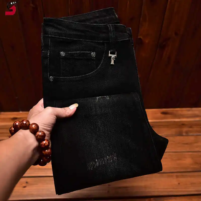 

High end American jeans men's embroidered print black small foot elastic slim fit fashionable autumn trend pants